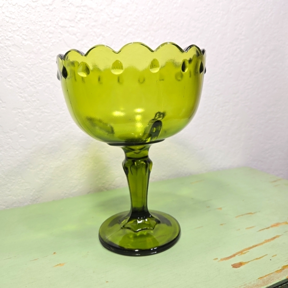Indiana Glass Olive Green Teardrop Pedestal Compote Fruit Bowl Goblet Vintage